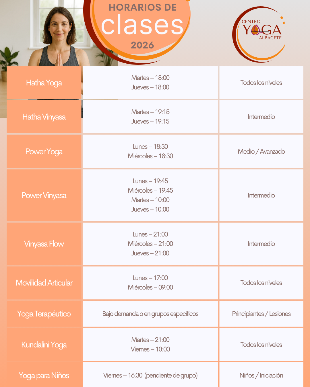 Horario de clases 2026 Centro Yoga Albacete